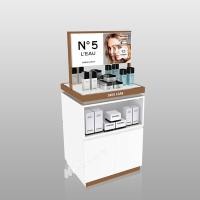 Skincare Display Stand Platinum Wooden Central Hall Cabinet With Light Box For Space-Saving Store Design And Multi-Functional Store Furniture