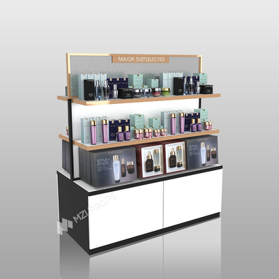 Skincare Display Counter Platinum Wooden Island Cabinet With Led Lights For Space-Saving Shop Display And Luxury Display Furniture