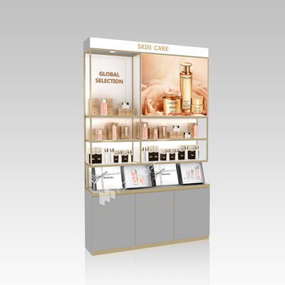 Cosmetic Shop Interior Design Gray Wooden Beauty Store Display Cabinet with Lightbox for Makeup Store Display Furniture