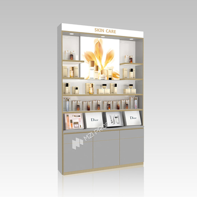 Skincare Store Display Furniture Gray Wooden Makeup Shop Cabinet with Lightbox for Makeup Store Display Furniture and Cosmetic Shop Interior Design