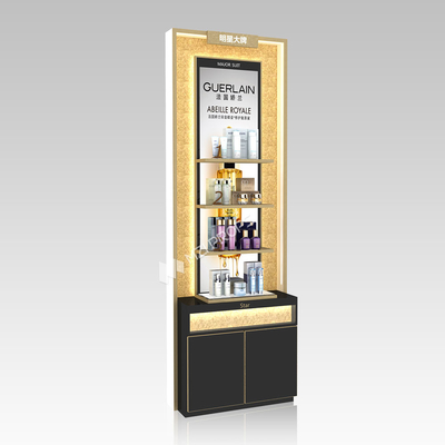 Beauty Shop Black & Gold Display Furniture Elegant Modern Minimalist Side Cabinet - Double-Sided Display for Central Hall in Cosmetic Store Interior Design