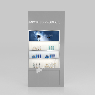 Makeup Display Shelf Grey Wooden Display Cabinet For Premium Shop Display And Retail Shop Design