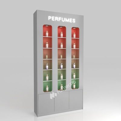 Skincare Shop Shelf Grey Wooden Laminated Display Cabinet For Space-Saving Shop Display And Fashion-Forward Store Interior Design