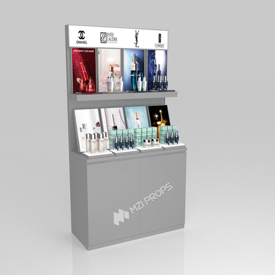 Beauty Store Interior Design Grey Wooden Display Cabinet With Light Box For Fashion-Forward Display Table And Premium Display Shelf