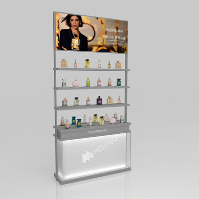 Makeup Shop Rack Grey Wooden Laminated Display Cabinet With Light Box For Branding Shop Shelf And Premium Store Showcase