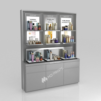 Beauty Shop Design Grey Wooden Display Cabinet For Branding Store Display Furniture And Space-Saving Display Table