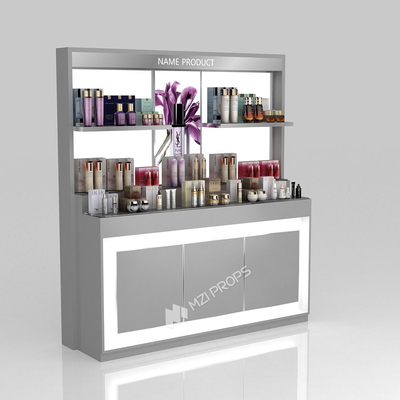 Retail Store Decoration Grey Wooden Display Cabinet With Light Box For Smart Display Shelf And Luxury Display Rack