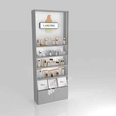 Cosmetic Shop Decoration Grey Wooden Skincare Cabinet With Light Box For Branded Display Furniture And Cost-Effective Shop Shelf