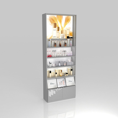 Retail Display Counter Grey Wooden Skincare Cabinet With Light Box For Visual Merchandising Store Display Furniture And Space-Saving Shop Table