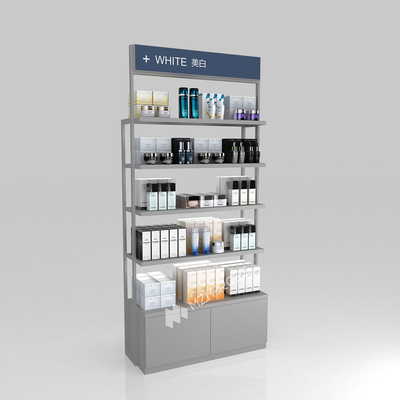Skincare Store Stand  Grey Transparent Low Cabinet With Double-Sided Light Box For Customized Store Furniture And Trendy Store Interior Design