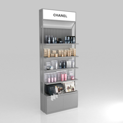 Skincare Display Rack Grey Oiled Wooden Skincare Cabinet With Led Lights For Multi-Functional Shop Counter And  Branded Display Stand