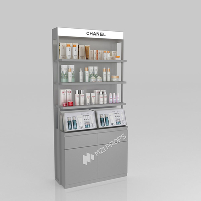 Beauty Shop Interior Design Grey Wooden Counter, Fashionable And Simple With Light Box For Branding Store Fixtures And Luxury Store Decoration