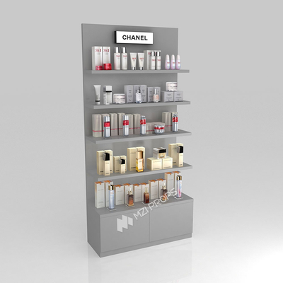 Beauty Shop Shelf Grey Wooden Counter With Light Box For Trendy Display Showcase And Space-Saving Display Shelf