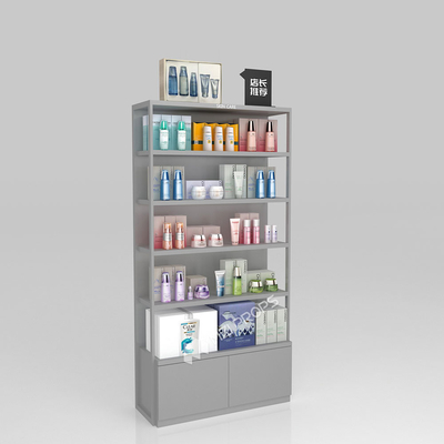 Makeup Store Interior Design Grey Wooden Counter For Fashion-Forward Display Table And Luxury Shop Cabinet