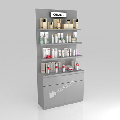 Makeup Shop Fitting Grey Wooden Counter With Light Box For Customized Shop Decoration And Space-Saving Shop Interior Design