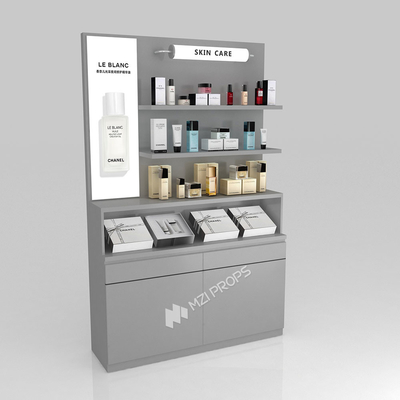 Skincare Display Table Grey Wooden Counter With Thick Soft Film Light Box For Compact Shop Cabinet And Premium Shop Display