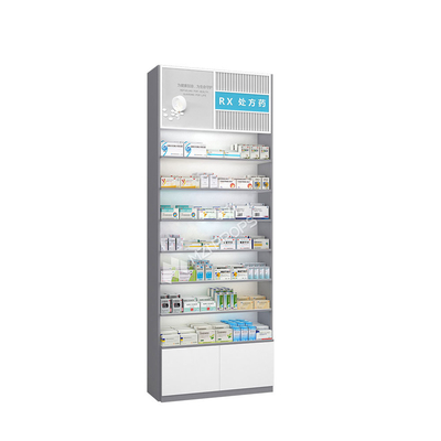 Pharmacy Store Cabinet White & Gray Medicine Display Rack for Drugstore Store Shelf and Pharmacy Store Decoration
